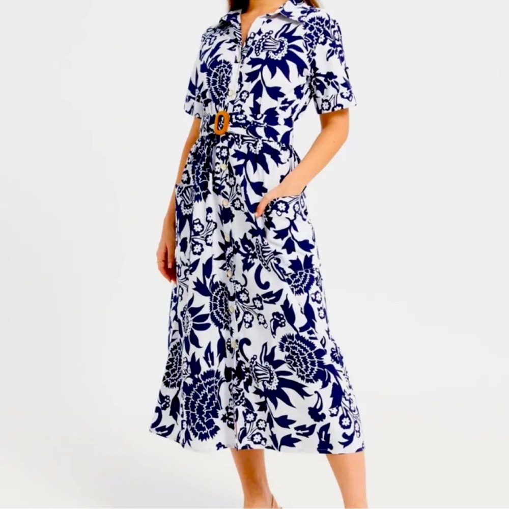 Zara Navy and White Floral Midi Dress